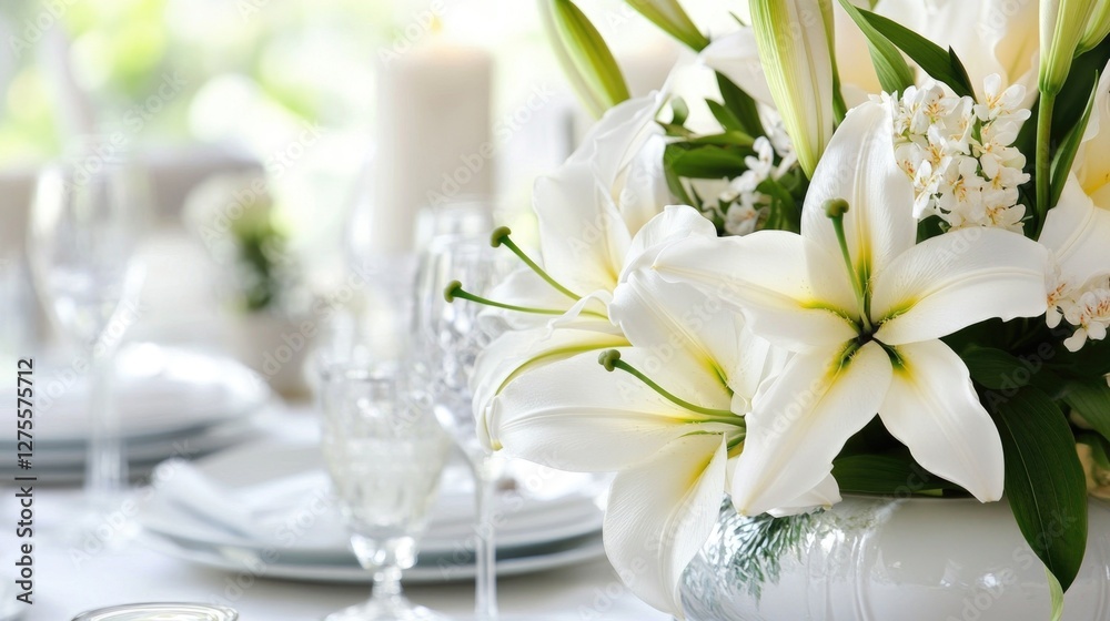 Delicate Easter table setting with an accent on white lilies Delicate Easter table setting with an accent on white lilies