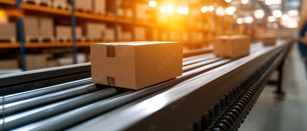 A conveyor belt transports cardboard boxes in a warehouse, illuminated by warm light, showcasing logistics and distribution processes. A conveyor belt transports cardboard boxes in a warehouse, illuminated by warm light, showcasing logistics and distribution processes.