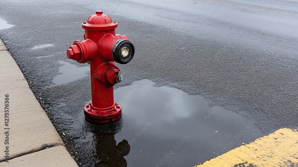Fototapeta premium A bright red fire hydrant stands beside a puddle on a wet street, reflecting its color against the asphalt, showcasing urban infrastructure in rainy conditions.