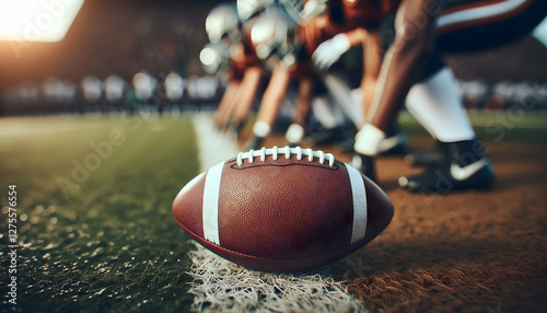 American Football A close-up view of an American football resting on the ground at the line of scrimmage