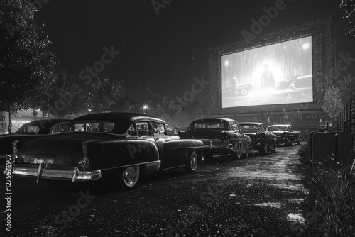 A nostalgic black and white scene of a drive-in movie theater on a rainy night, featuring vintage cars lined up to watch a film on the big screen in classic style.