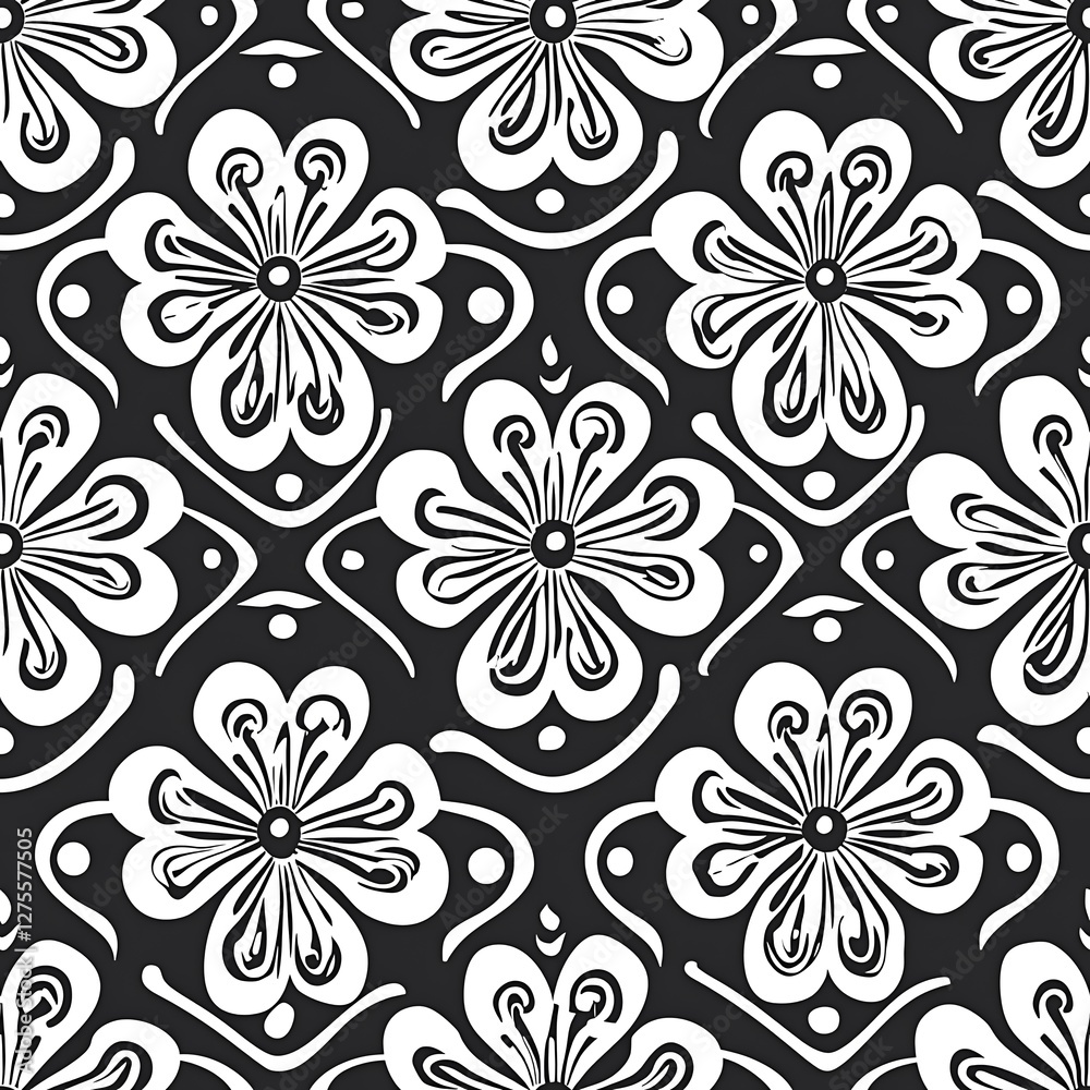 Black and white pattern featuring four distinct leaf shapes arranged symmetrically Black and white pattern featuring four distinct leaf shapes arranged symmetrically