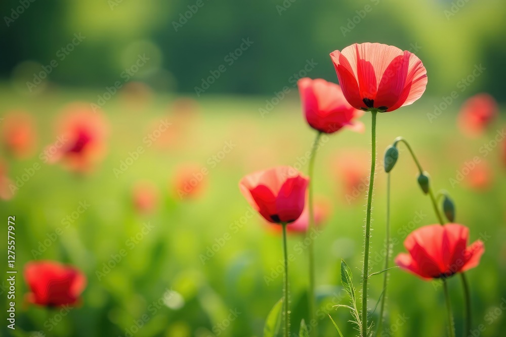 Soft pink petals of red poppies sway gently in the breeze amidst lush green grass, landscape, flowers Soft pink petals of red poppies sway gently in the breeze amidst lush green grass, landscape, flowers