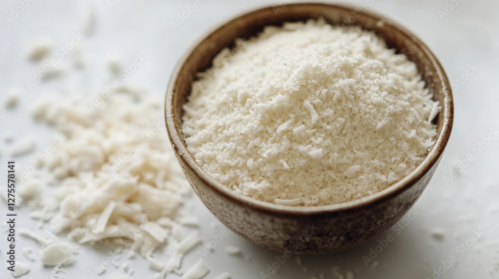 A close-up of finely ground coconut flour in a small bowl A close-up of finely ground coconut flour in a small bowl