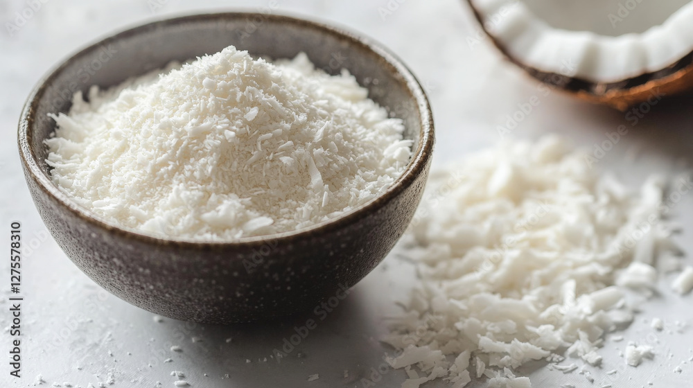A close-up of finely ground coconut flour in a small bowl A close-up of finely ground coconut flour in a small bowl