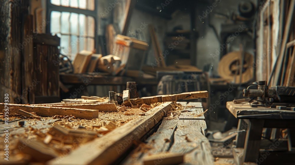 Rustic carpentry workshop scene with a wooden workbench covered in sawdust and scattered wood pieces, warm browns and earthy tones, natural lighting. Rustic carpentry workshop scene with a wooden workbench covered in sawdust and scattered wood pieces, warm browns and earthy tones, natural lighting.