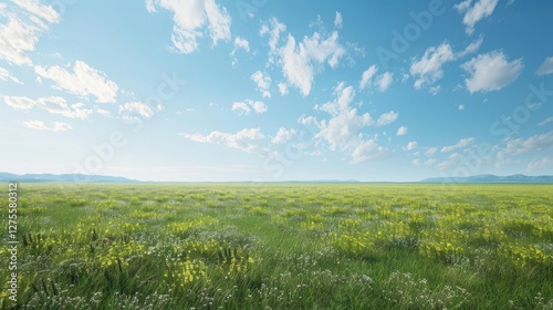 Expansive green meadow dotted with wildflowers under a bright blue sky with soft white clouds providing a serene and tranquil spring atmosphere.