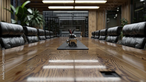 Professional conference room with a long wooden table, black leather chairs aligned symmetrically and modern decor on the walls, warm tones. photo