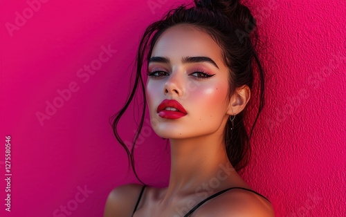 Atural outdoor lighting Stunning young woman with bold red lipstick and smoky eye makeup, confident expression, bright pink background photo