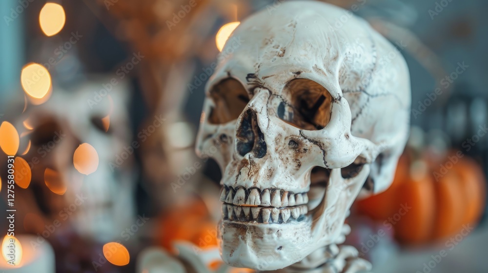 Realistic human skull in focus, with warm orange pumpkin and soft glowing lights in the background, creating a spooky Halloween atmosphere. Realistic human skull in focus, with warm orange pumpkin and soft glowing lights in the background, creating a spooky Halloween atmosphere.