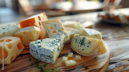 Delicious cheese assortment featuring Shropshire, Gorgonzola, and Asiago displayed on a wooden plate with a warm, rustic background. photo