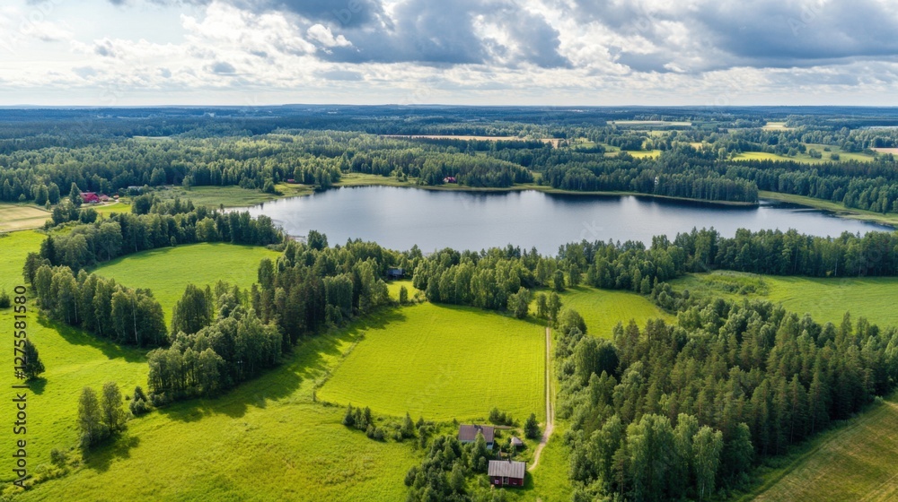 Naklejka premium Discover the Lush Green Canopy: Aerial Top - Down of Finnish Rural Forest in Summer