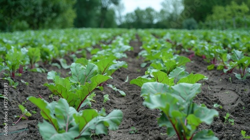 Lush green fodder beet plants grow in neat rows on rich brown soil under a bright summer sky showcasing agricultural cultivation techniques.