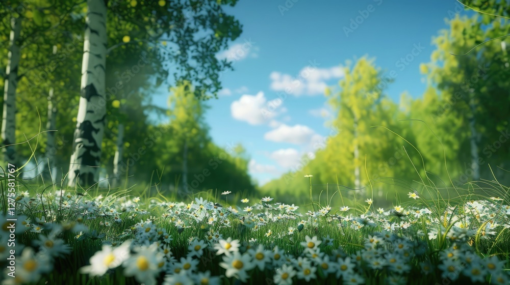 Obraz premium Lush green trees with bright leaves framing a serene path under a blue sky, wild daisies in focus at the foreground creating a vibrant atmosphere