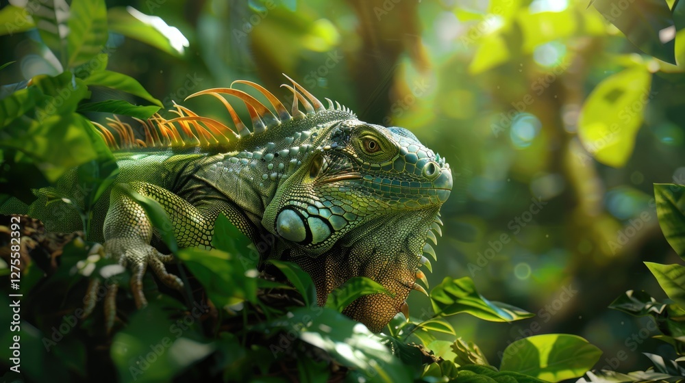 Iguana resting among lush green foliage with sunlight filtering through leaves showcasing vibrant colors and intricate details of its skin. Iguana resting among lush green foliage with sunlight filtering through leaves showcasing vibrant colors and intricate details of its skin.