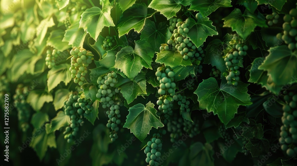 Vibrant green grapevines with clusters of unripe grapes hanging amidst lush leaves softly illuminated by warm sunlight in a serene setting. Vibrant green grapevines with clusters of unripe grapes hanging amidst lush leaves softly illuminated by warm sunlight in a serene setting.