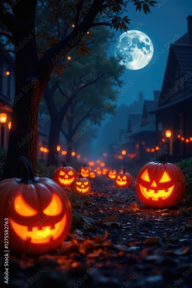The air is filled with the warm glow of jack o lanterns on the ground, nighttime, cozy The air is filled with the warm glow of jack o lanterns on the ground, nighttime, cozy