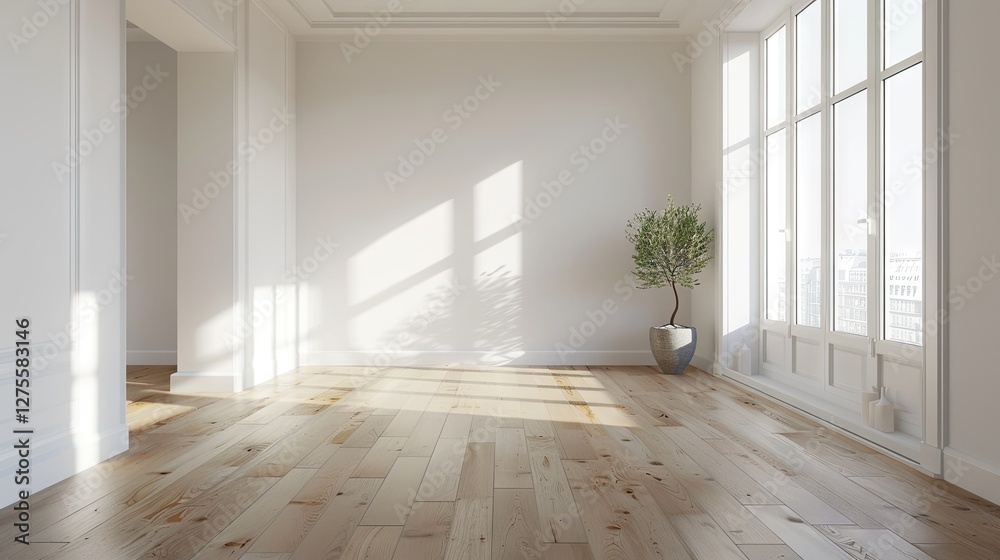Fototapeta premium Bright and airy empty apartment interior featuring light wooden floors and large windows casting shadows with a potted plant in the corner