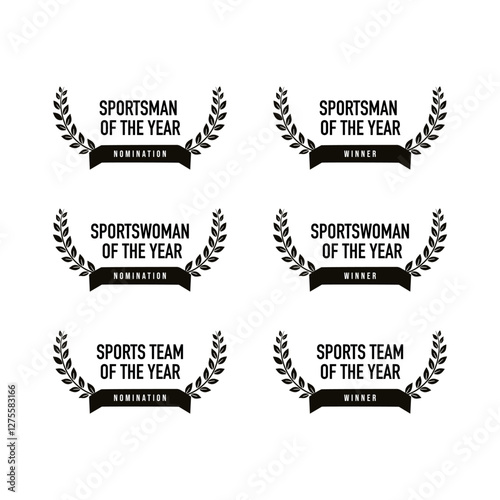Sport awards nomination and winners - best sportsman, sportswoman, team of the year - black and white vector icon set