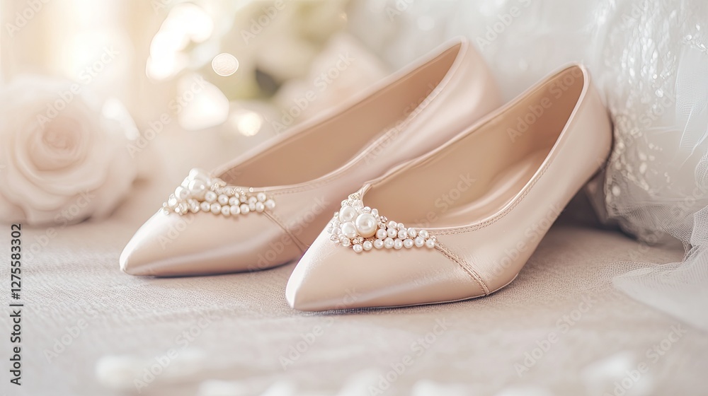 Obraz premium A pair of elegant ballet shoes with pearl embellishments resting on a neutral-toned surface