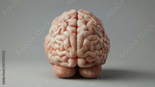 Realistic 3D rendering of a human brain viewed from the back against a soft gray background showcasing intricate details and textures in pink hues.