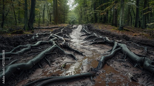 Dirt road through a forest with exposed woody roots and muddy water after heavy rain showcasing earthy browns and greens in an overcast atmosphere
