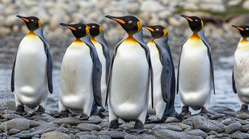 Fototapeta premium Group of King Penguins Standing Together on Rocky Shoreline