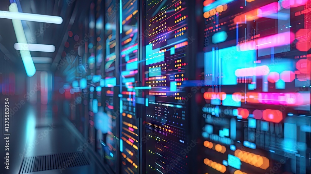 Vibrant data processing server room with glowing blue red and orange lights visualizing business technology and digital information flow Vibrant data processing server room with glowing blue red and orange lights visualizing business technology and digital information flow