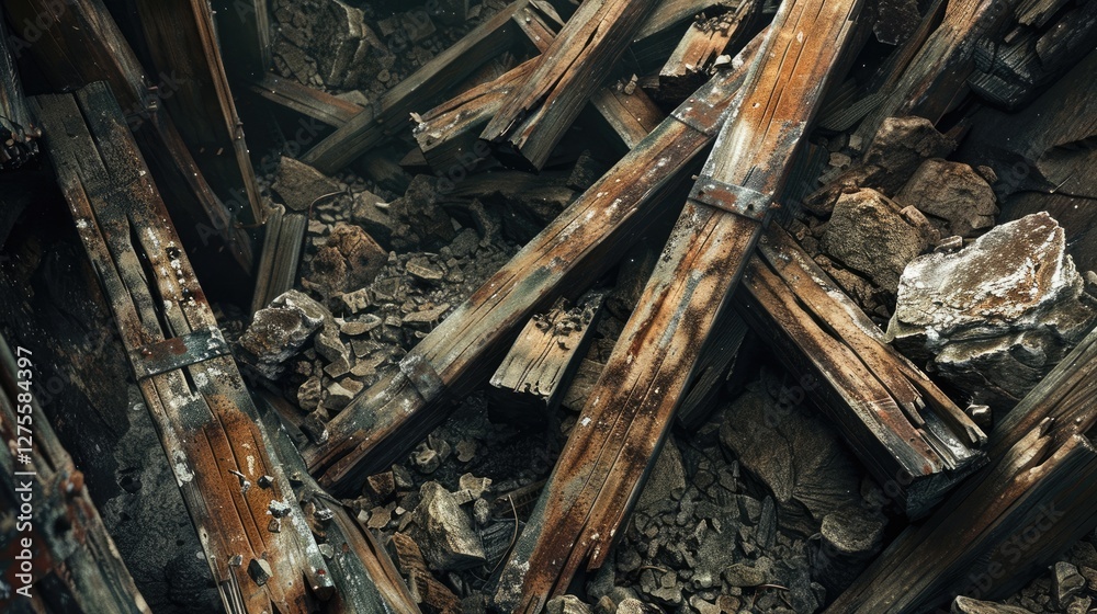Detailed image of weathered broken wooden timbers in a collapsed vintage gold mine shaft surrounded by rocky debris with dark earth tones. Detailed image of weathered broken wooden timbers in a collapsed vintage gold mine shaft surrounded by rocky debris with dark earth tones.