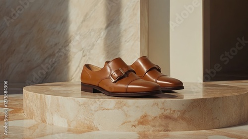 A refined pair of leather monk strap shoes displayed against a warm, elegant backdrop photo