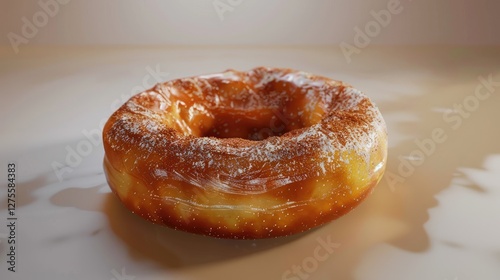 Golden fried apple fritter donut with a glossy sheen and powdered sugar topping on a light beige surface, warm tones enhancing its texture.