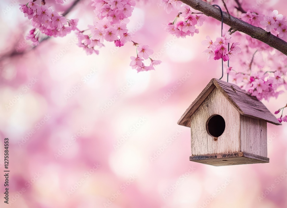 Charming wooden birdhouse gracefully hanging from a branch of an elegant tree in a serene outdoor setting. Charming wooden birdhouse gracefully hanging from a branch of an elegant tree in a serene outdoor setting.