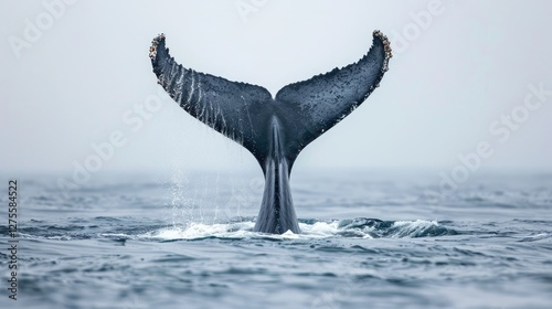 Humpback whale tail fluke emerges from tranquil water with splashes in gray foggy atmosphere near the Great South Channel in North Atlantic Ocean