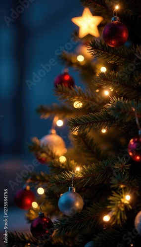 Twinkling lights adorn a majestic Christmas tree, lights, sparkling