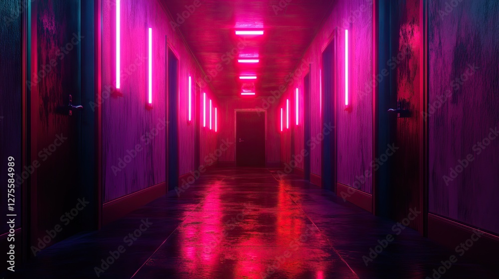 A dimly lit hallway with vibrant pink neon lights and dark doors, creating an atmospheric and intriguing scene. A dimly lit hallway with vibrant pink neon lights and dark doors, creating an atmospheric and intriguing scene.