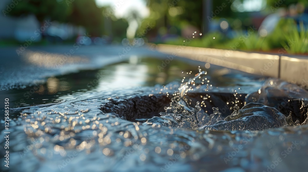 Fototapeta premium Close-up view of a puddle with splashes in clear water, sunlight reflecting off droplets, street view blurred in the background with greenery.