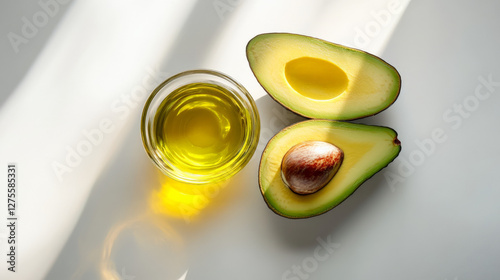 A stylish composition of avocado oil in a small glass container