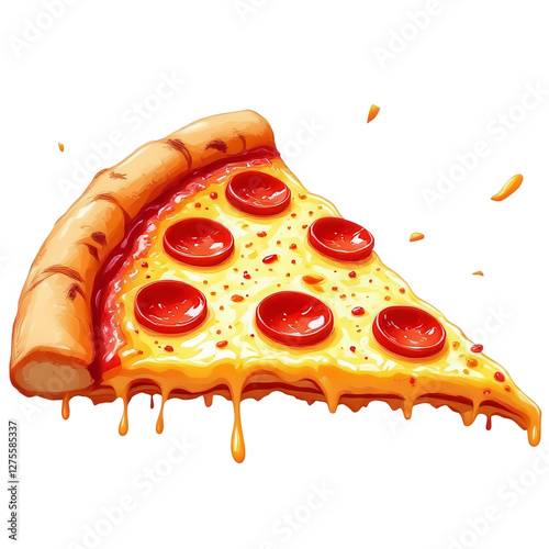 A close-up of a slice of pepperoni pizza, with melted cheese dripping and sauce splattering around. The pizza has a crispy crust, and the vibrant red pepperoni contrasts against the gooey cheese.