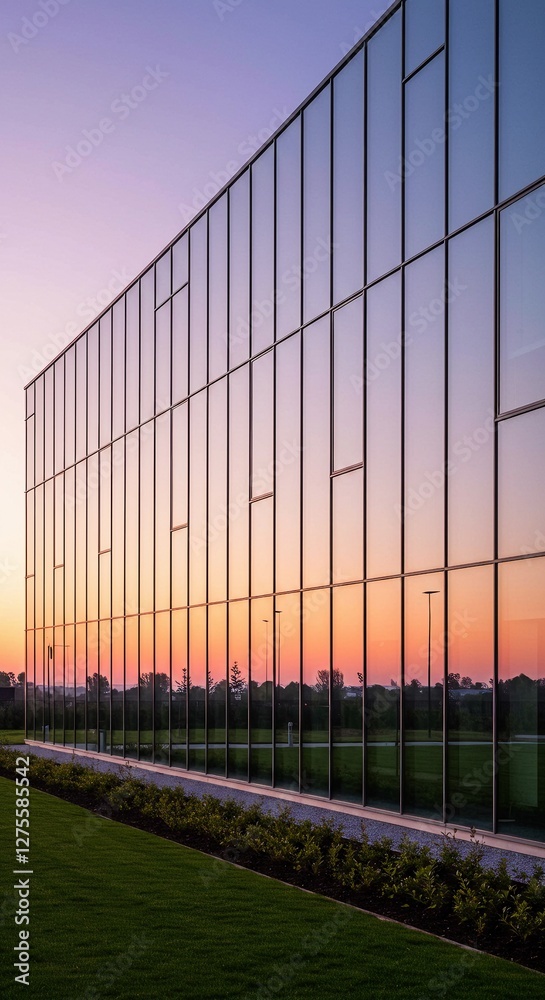 Obraz premium Modern Building Reflecting Sunset Sky with Lush Green Lawn and Bushes
