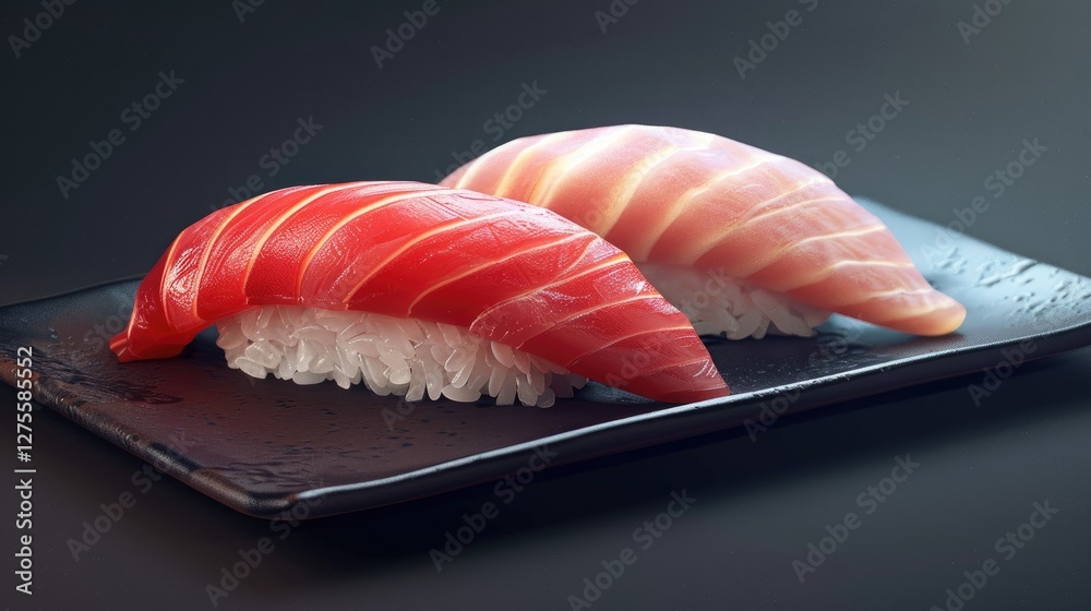 Sushi Nigiri featuring vibrant red Maguro tuna and pale fish atop a bed of white rice on a sleek black plate with a dark background Sushi Nigiri featuring vibrant red Maguro tuna and pale fish atop a bed of white rice on a sleek black plate with a dark background