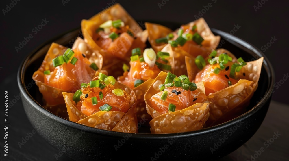 Savory fried wontons filled with fresh salmon and green onions in a dark bowl against a textured black background highlighting vibrant colors. Savory fried wontons filled with fresh salmon and green onions in a dark bowl against a textured black background highlighting vibrant colors.