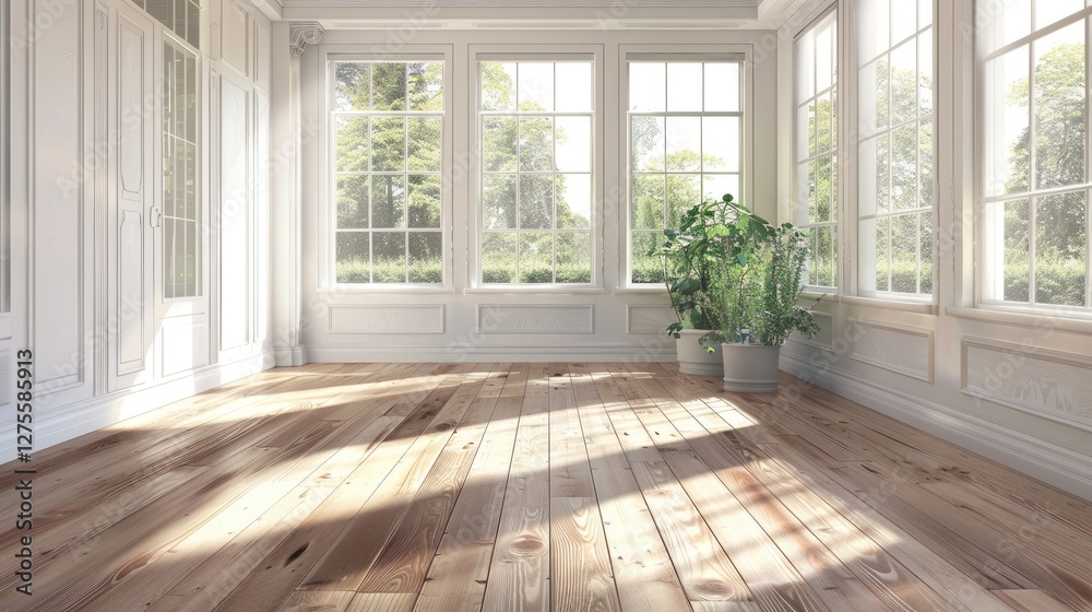 Fototapeta premium Bright renovated room featuring wooden oak floor, white walls, large windows allowing natural light, and a potted plant in the corner.