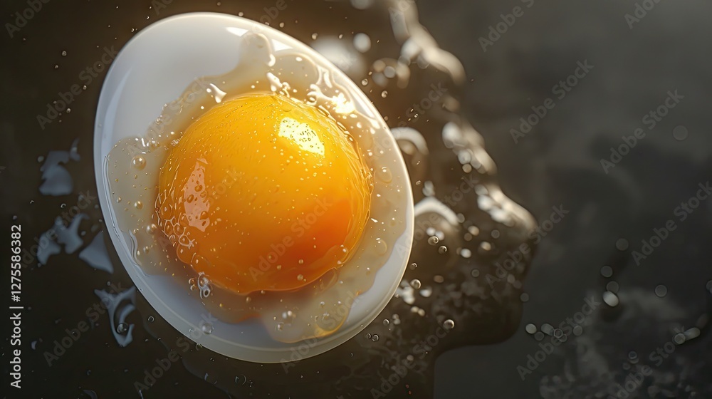 Soft boiled egg half submerged with a golden yolk and clear egg white, positioned atop a dark shadowy background with soft lighting. Soft boiled egg half submerged with a golden yolk and clear egg white, positioned atop a dark shadowy background with soft lighting.