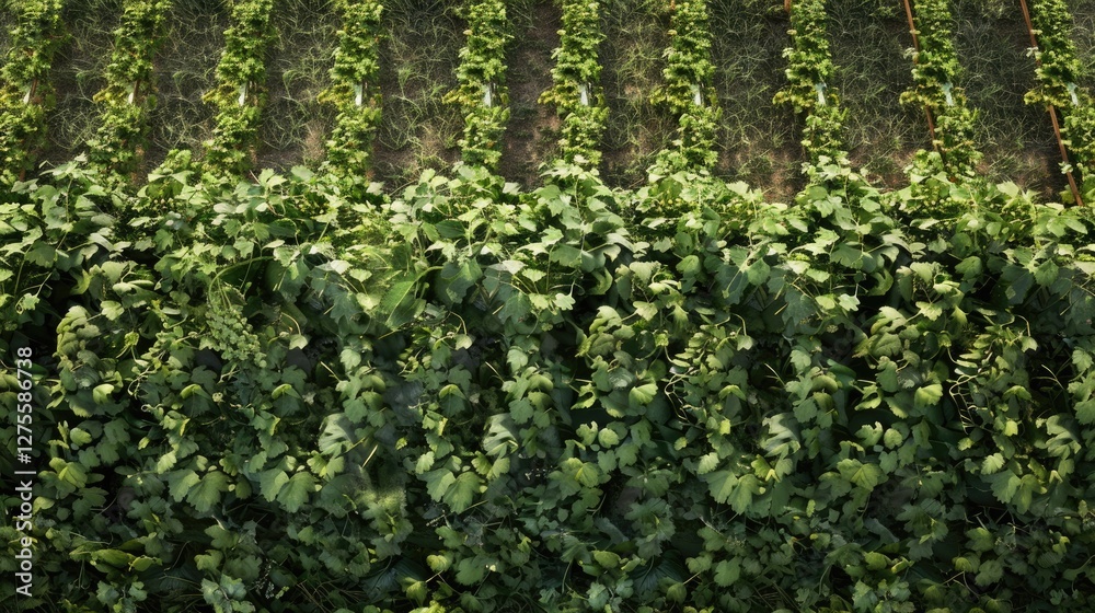 Lush green vine rows in a well-organized plantation with diverse leafy plants positioned symmetrically under soft natural lighting Lush green vine rows in a well-organized plantation with diverse leafy plants positioned symmetrically under soft natural lighting