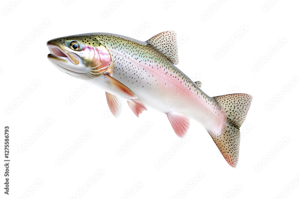 Closeup of a colorful rainbow trout fish with spotted scales, fins and open mouth isolated on white transparent background, concept of wildlife Closeup of a colorful rainbow trout fish with spotted scales, fins and open mouth isolated on white transparent background, concept of wildlife