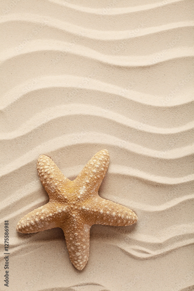 starfish seashell and sand, seashells and sand, raked sand background with copy space, summer background starfish seashell and sand, seashells and sand, raked sand background with copy space, summer background