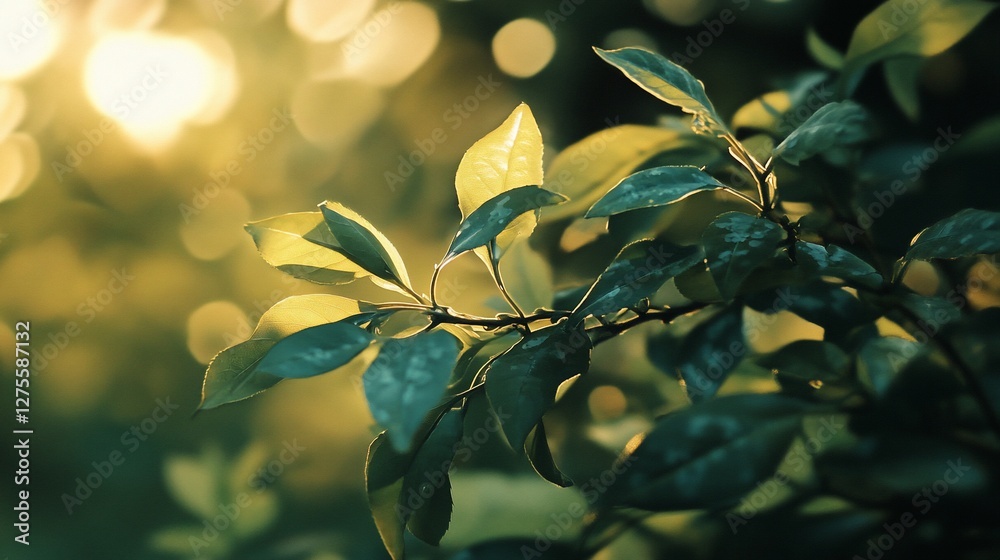 Obraz premium Sunlit green leaves on a branch.