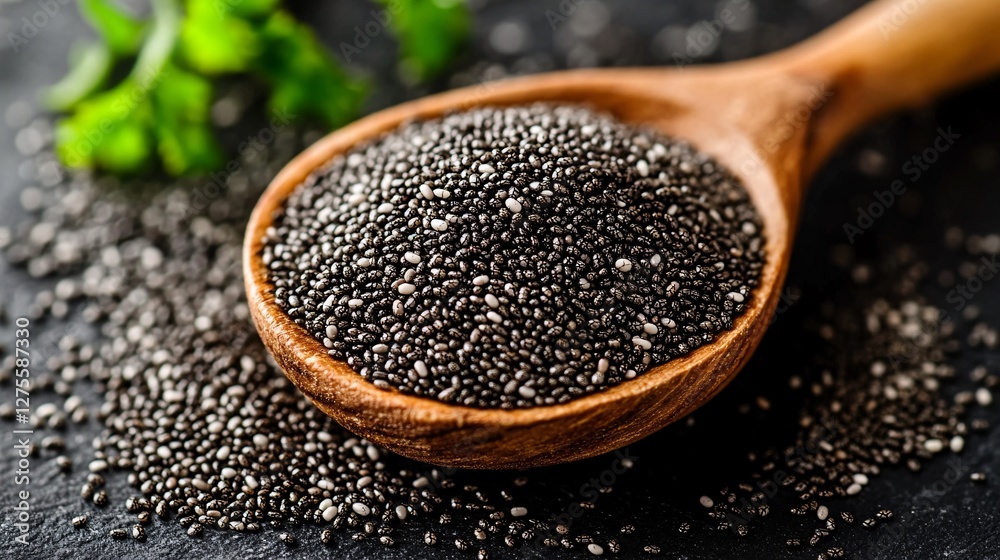 Wooden Spoon Filled With Nutritious Chia Seeds Wooden Spoon Filled With Nutritious Chia Seeds