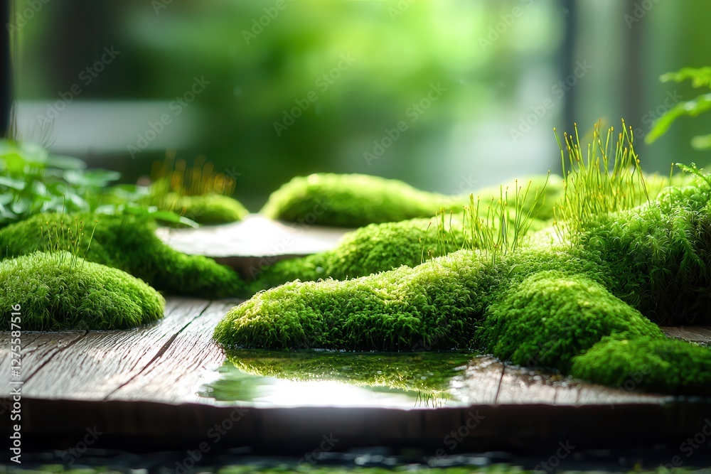 Sea moss gel Lush green moss on wooden surface in serene environment. Sea moss gel Lush green moss on wooden surface in serene environment.