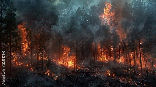 Intense flames and thick smoke engulfing a dense forest with tall trees in fiery orange and dark grey hues, highlighting a devastating wildfire scene.